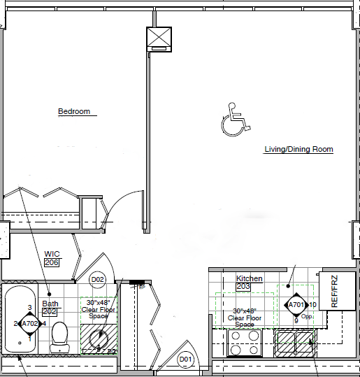 Floor plan for 1 bed, 1 bath, 660 sqft